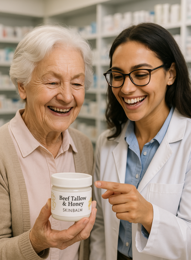A pharmacist advises a senior woman about the benefits of beef tallow and honey skin balm